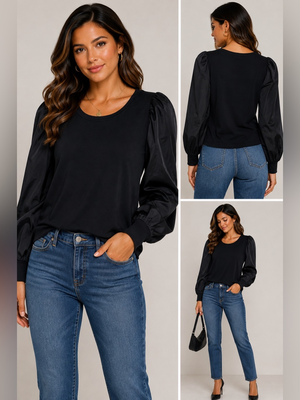 Single Thread Black Puff Sleeve Mixed Fabric Top Size S NWT